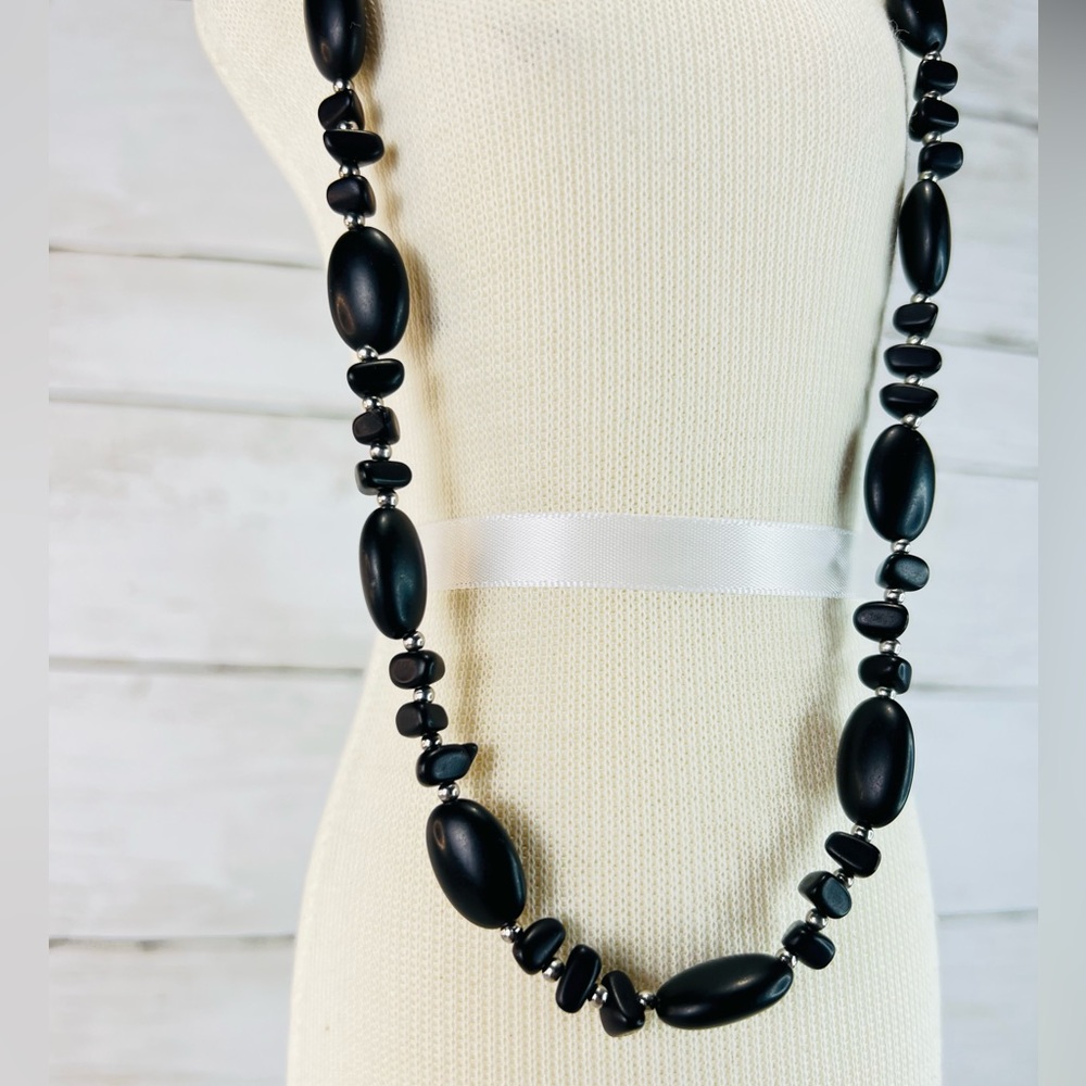 Chaps by Ralph Lauren Signed Black Beaded Necklace Silver Tone Adjustable